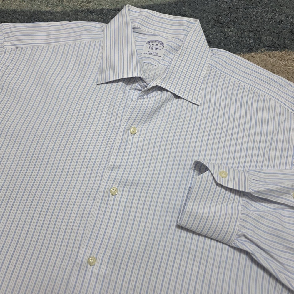 Brooks Brothers 1818 Dress Shirt Mens 17- 35 Blue Stripe Made in USA Woven Italy